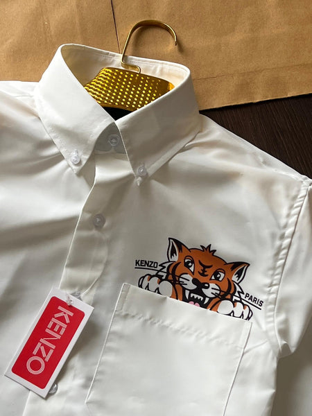 Premium  Men White Happy Tiger Back Print Shirt