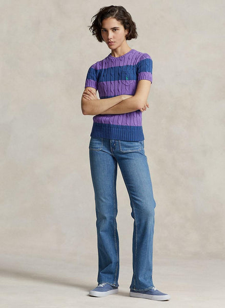 Premium Women Striped Cable-Knit Short-Sleeve Jumper