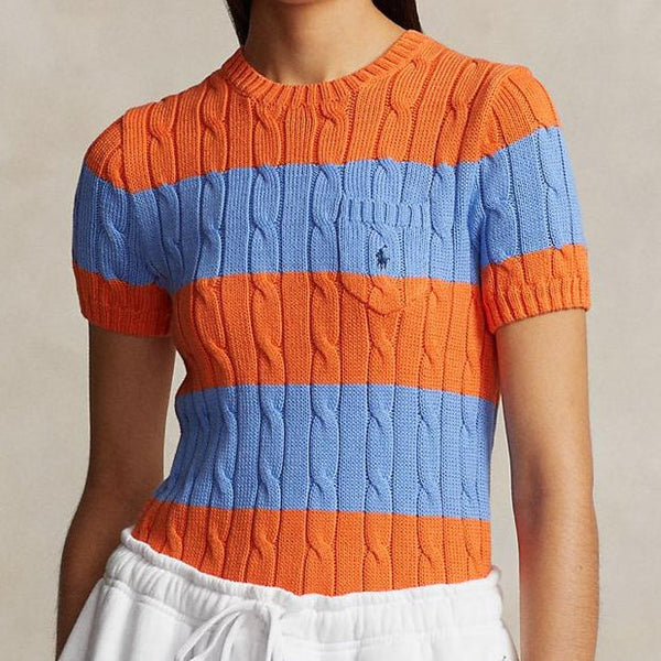 Imported Striped Cable-Knit Short-Sleeve Jumper