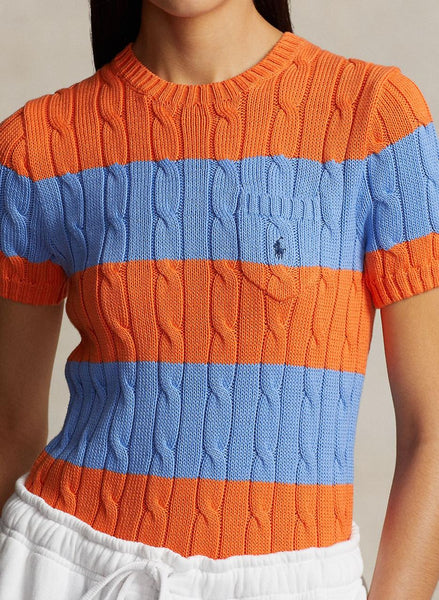 Imported Striped Cable-Knit Short-Sleeve Jumper