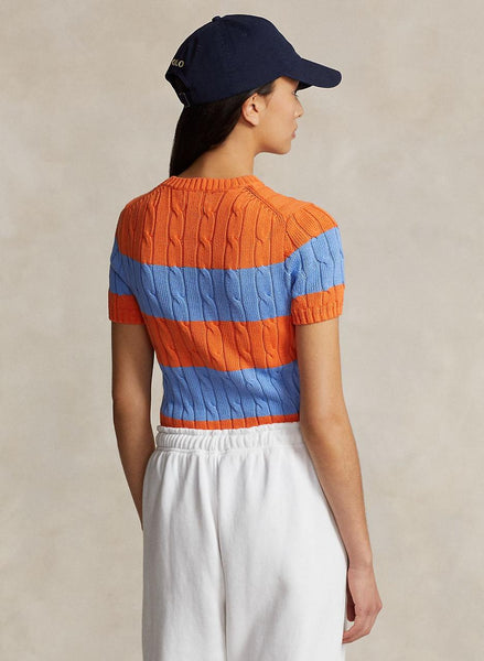 Imported Striped Cable-Knit Short-Sleeve Jumper
