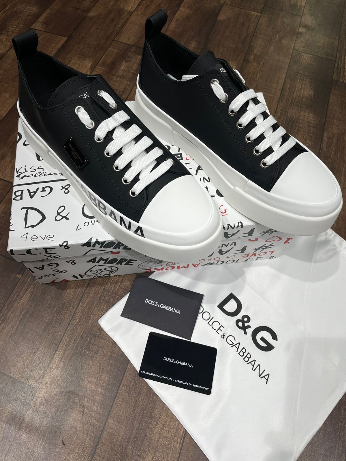 Premium Black & White Logo Low-Top Designer  Portofini Sneakers for Men