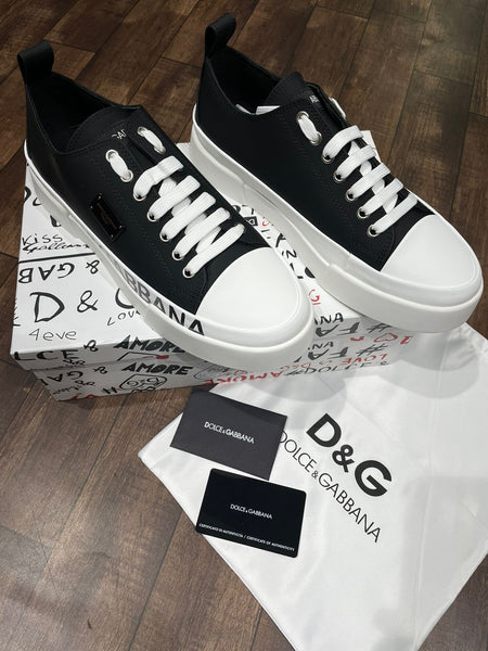 Premium Black & White Logo Low-Top Designer  Portofini Sneakers for Men
