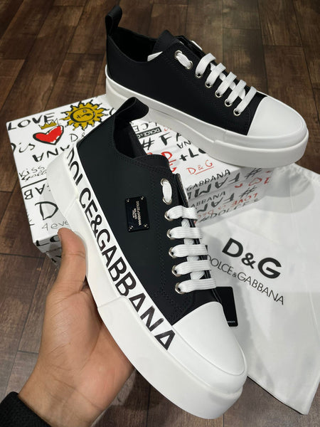 Premium Black & White Logo Low-Top Designer  Portofini Sneakers for Men