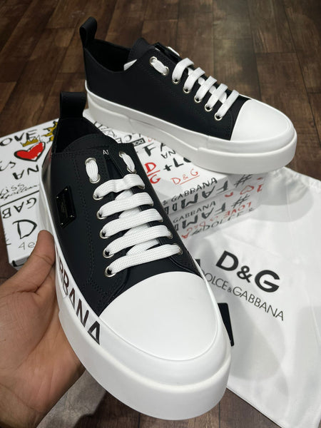 Premium Black & White Logo Low-Top Designer  Portofini Sneakers for Men