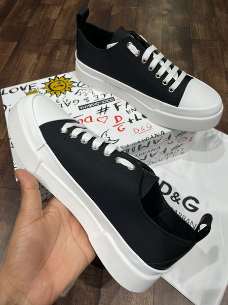 Premium Black & White Logo Low-Top Designer  Portofini Sneakers for Men