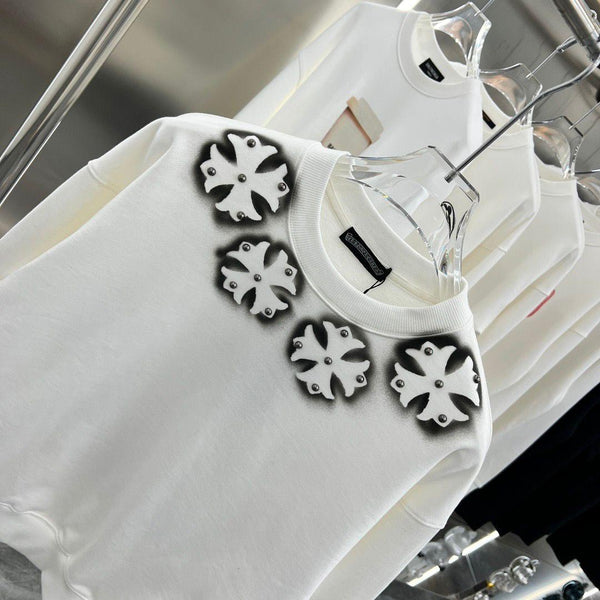 Designer White Sweatshirt with 3D Flower Embellishments on Neckline