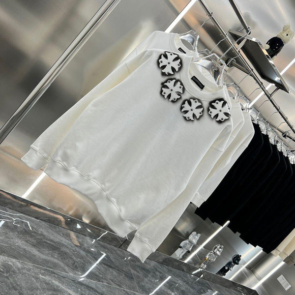 Designer White Sweatshirt with 3D Flower Embellishments on Neckline