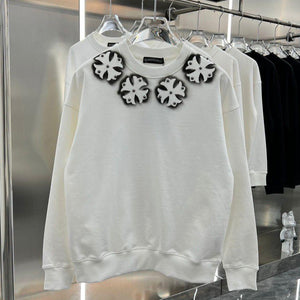 Designer White Sweatshirt with 3D Flower Embellishments on Neckline