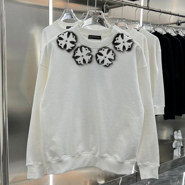 Designer White Sweatshirt with 3D Flower Embellishments on Neckline