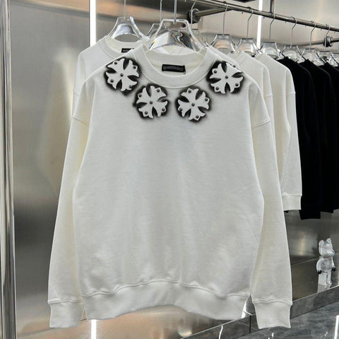 Designer White Sweatshirt with 3D Flower Embellishments on Neckline