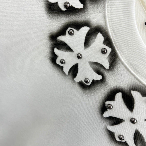 Designer White Sweatshirt with 3D Flower Embellishments on Neckline