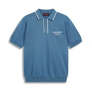 Men’s Blue Cotton Piqué Polo Shirt with Embroidered Pocket Logo