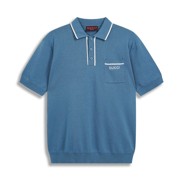 Men’s Blue Cotton Piqué Polo Shirt with Embroidered Pocket Logo