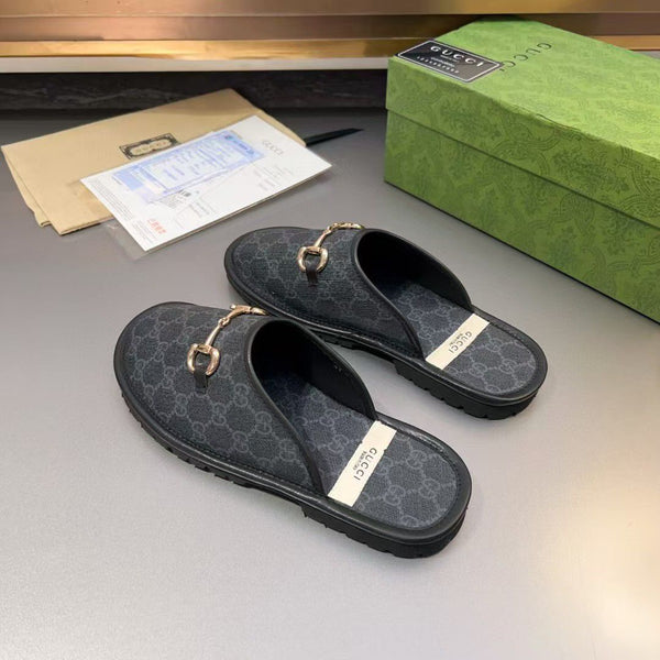Luxury Monogram Horsebit Flat Mules  Black Flip Flop