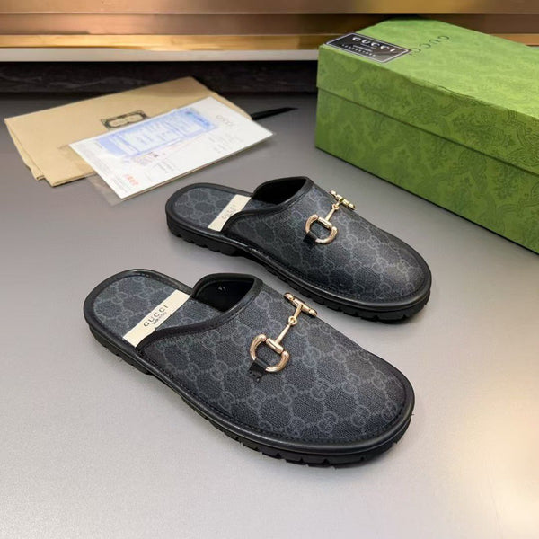 Luxury Monogram Horsebit Flat Mules  Black Flip Flop