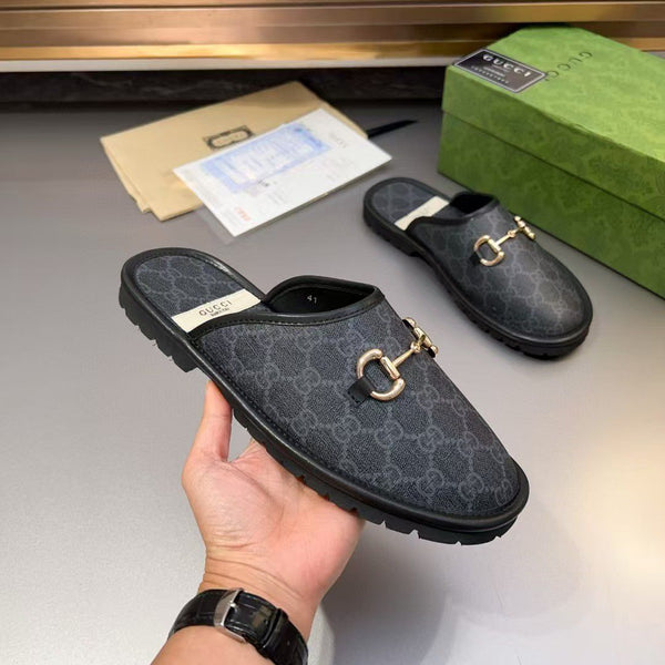 Luxury Monogram Horsebit Flat Mules  Black Flip Flop