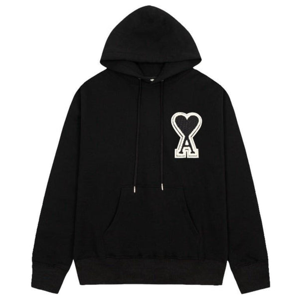 Men Black Pullover Hoodie with Heart-A Chest Logo