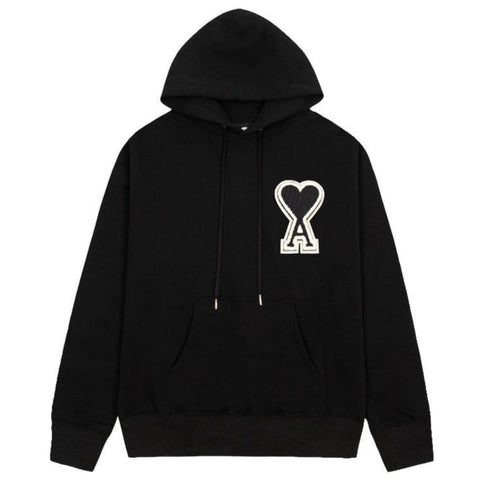 Men Black Pullover Hoodie with Heart-A Chest Logo