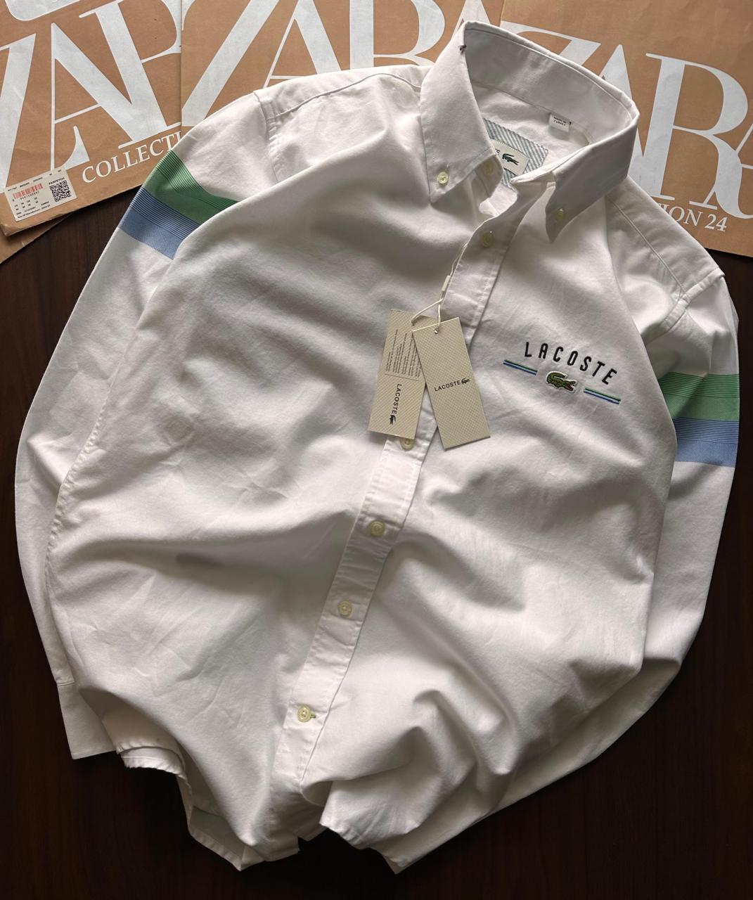 Luxury Cotton Button-Down Shirt with Logo Embroidery & Striped Sleeves