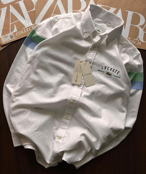 Luxury Cotton Button-Down Shirt with Logo Embroidery & Striped Sleeves