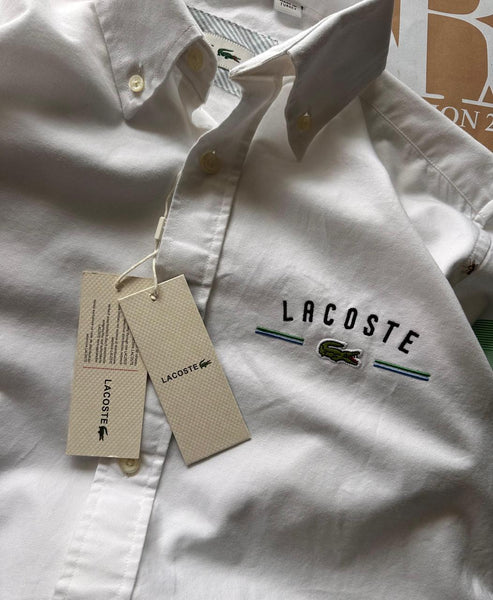 Luxury Cotton Button-Down Shirt with Logo Embroidery & Striped Sleeves