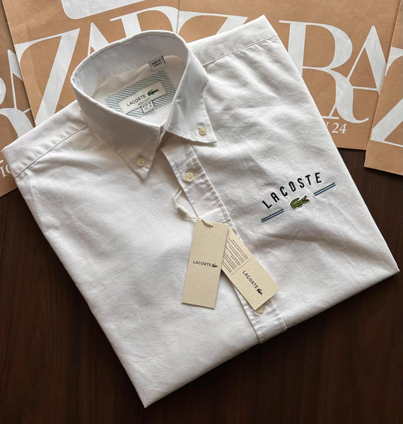 Luxury Cotton Button-Down Shirt with Logo Embroidery & Striped Sleeves