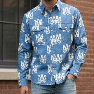 Luxury Branded Monogram Printed  Denim Shirt