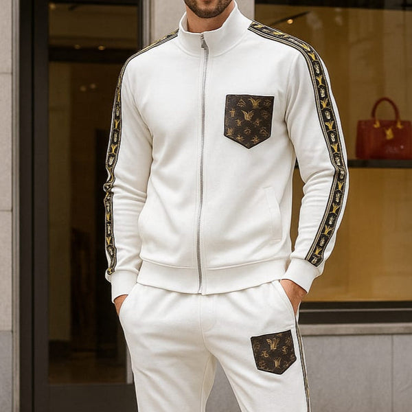 Luxury White Tracksuit – Monogram Stripe & Pocket Design