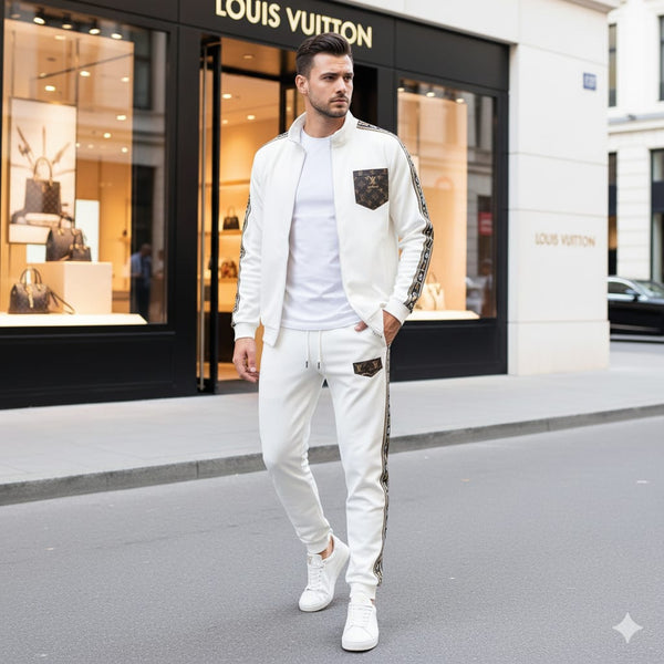 Luxury White Tracksuit – Monogram Stripe & Pocket Design