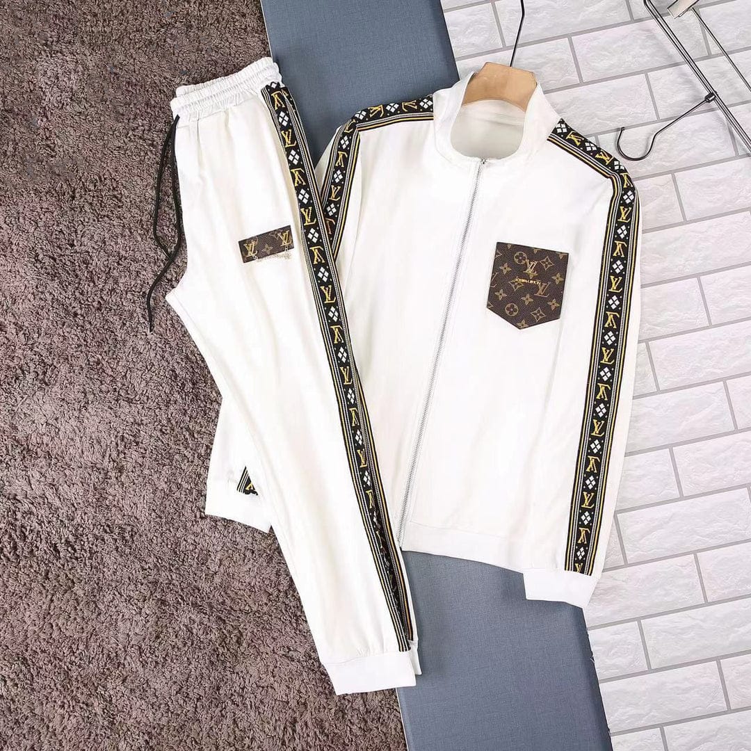 Luxury White Tracksuit – Monogram Stripe & Pocket Design