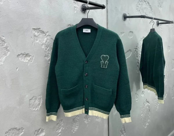 Men’s Dark Green Knitted Cardigan with Heart Embroidery