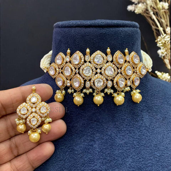 Elegant Kundan Pearl Choker Necklace Set with Matching Earrings