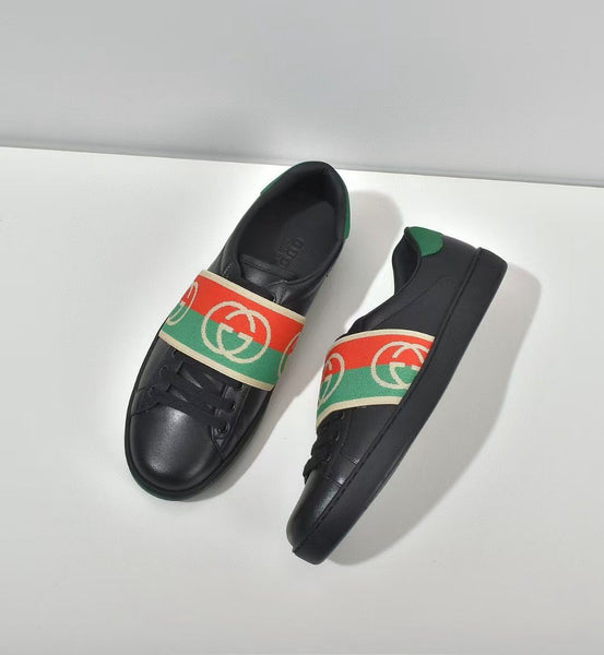 Luxury  Black Leather Ace Web Low Top Sneakers