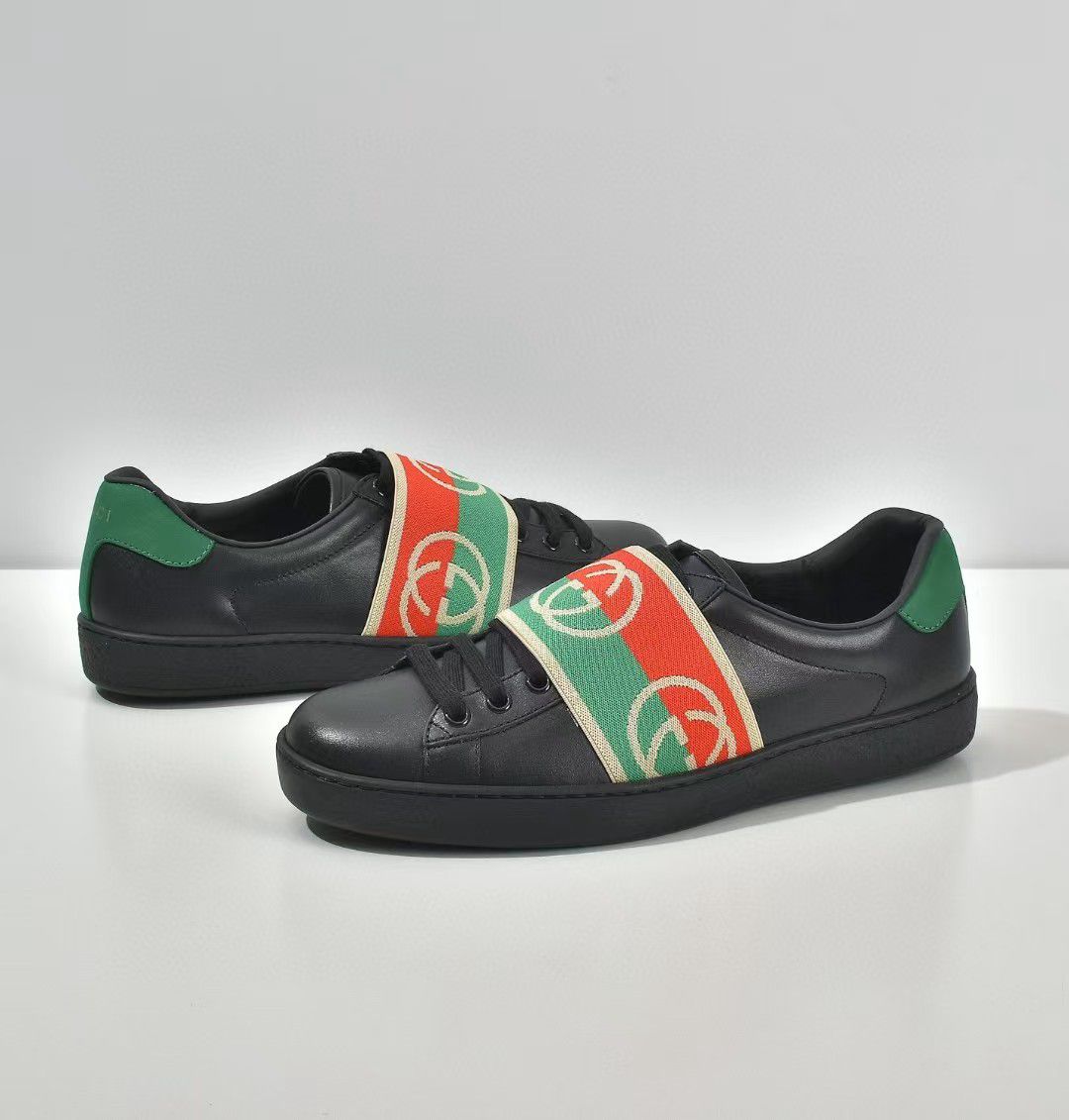 Luxury  Black Leather Ace Web Low Top Sneakers