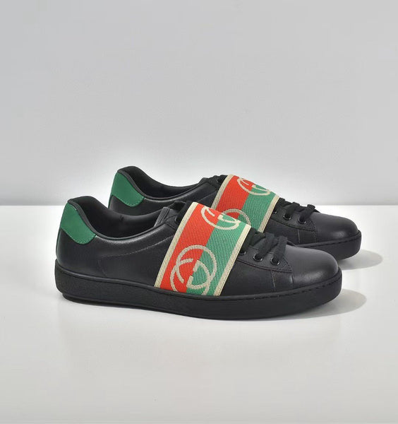 Luxury  Black Leather Ace Web Low Top Sneakers