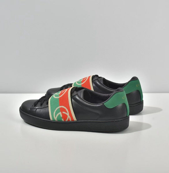Luxury  Black Leather Ace Web Low Top Sneakers