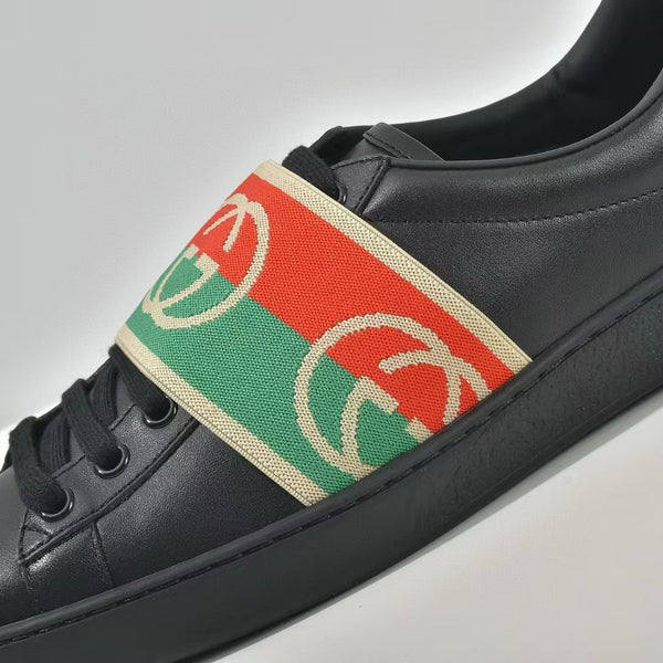 Luxury  Black Leather Ace Web Low Top Sneakers