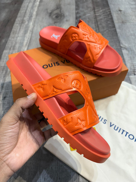 Premium Orange Embossed Monogram Slide Sandals