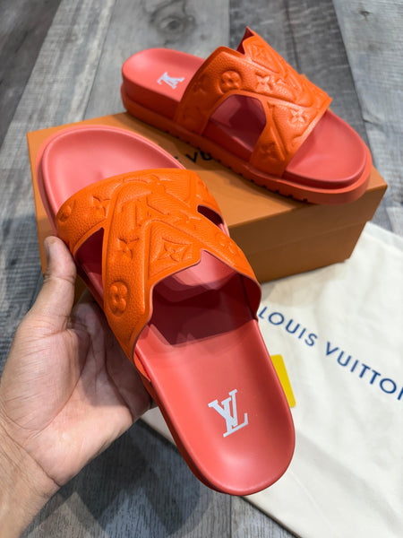 Premium Orange Embossed Monogram Slide Sandals