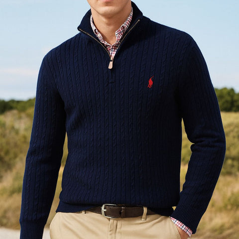 Branded Navy blue Cable-Knit Quarter-Zip Jumper