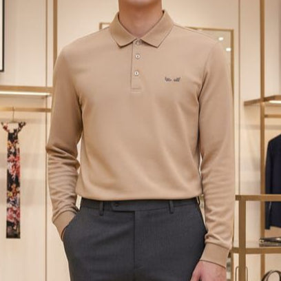 Classic Beige Long-Sleeve Polo  Timeless Minimalist Elegance