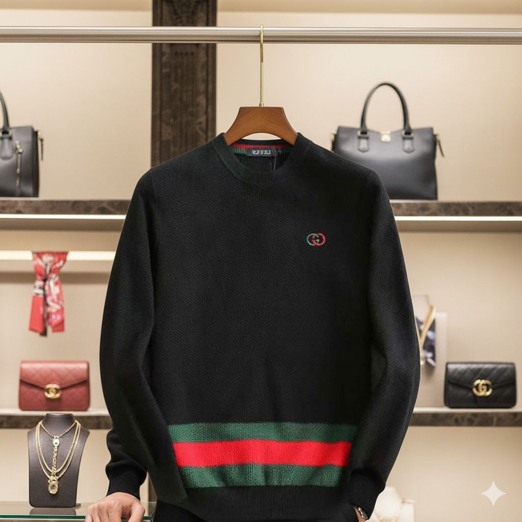 Luxury Black Designer Sweater with Signature Green-Red Stripe Detailing
