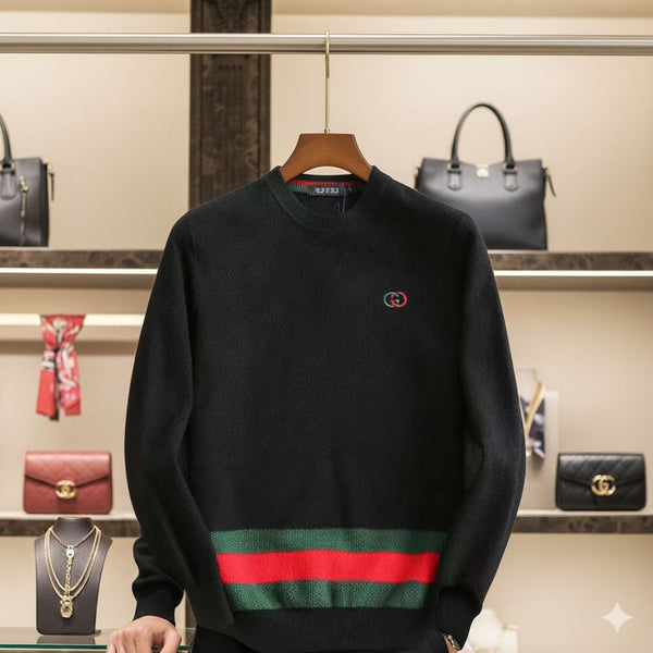 Luxury Black Designer Sweater with Signature Green-Red Stripe Detailing