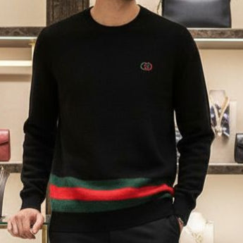 Luxury Black Designer Sweater with Signature Green-Red Stripe Detailing