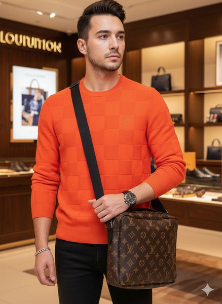 Premium Orange Damier Knit Sweater – Bold Luxury with Signature Elegance