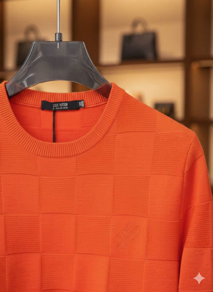 Premium Orange Damier Knit Sweater – Bold Luxury with Signature Elegance
