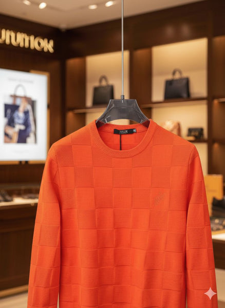 Premium Orange Damier Knit Sweater – Bold Luxury with Signature Elegance
