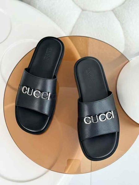 Men’s Luxury Black Leather Slides  Iconic Comfort and Style