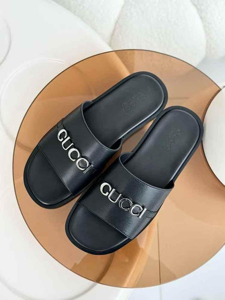 Men’s Luxury Black Leather Slides  Iconic Comfort and Style